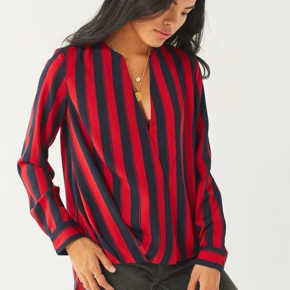 UO Red / Navy Striped Long Sleeve Top | closure mid-deep V neckline | S - Picture 4 of 8